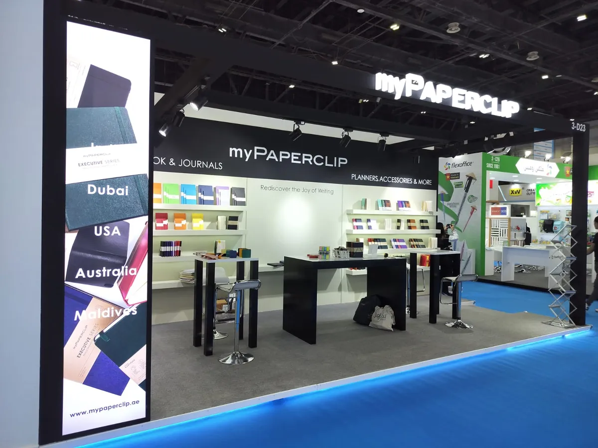 myPAPERCLIP exhibition environment with product shelving and visitor seating